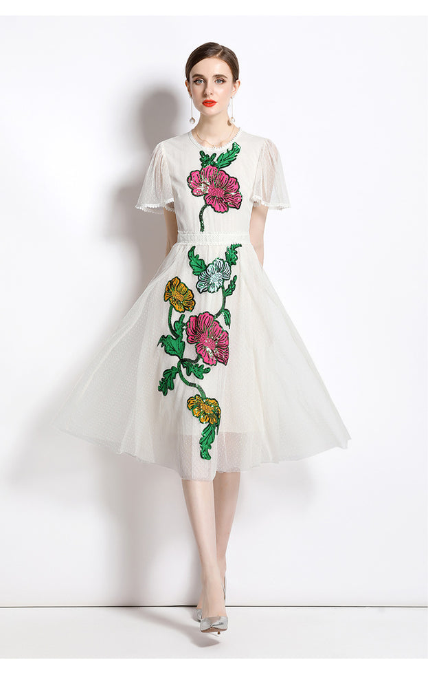 Temperament Round Neck Ruffled Edge Short-Sleeved Sequin Mesh Embroidery Mid-Length Dress