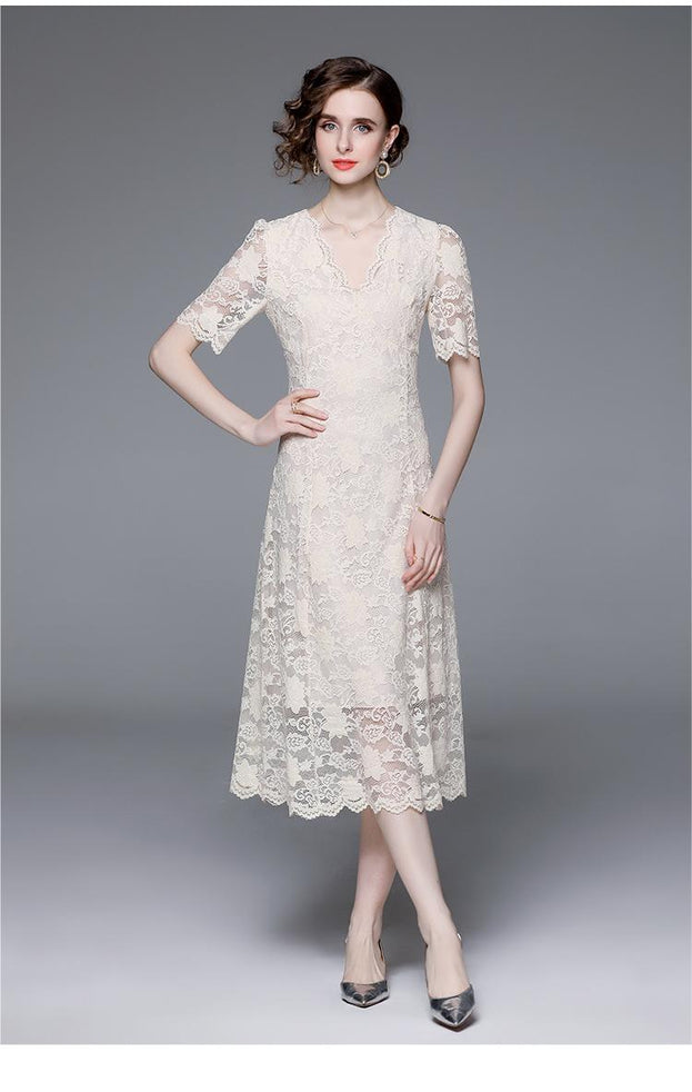 Temperament Retro V-Neck Big Swing Long Hook Flower Hollowed Out Lace Dress