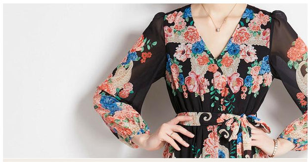 Vintage Print Lantern Sleeve Dress