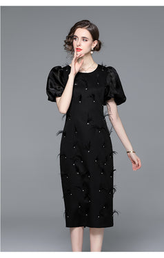 Fashion New Women's Temperament Nail Beads Elegant Thin Slim Mid-Length Short-Sleeved Dress