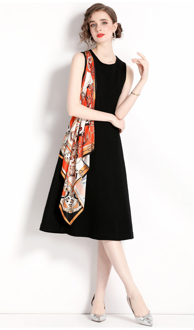 Vintage Print Patchwork High-Waisted Slim Sleeveless Dress A-Line MIDI Skirt