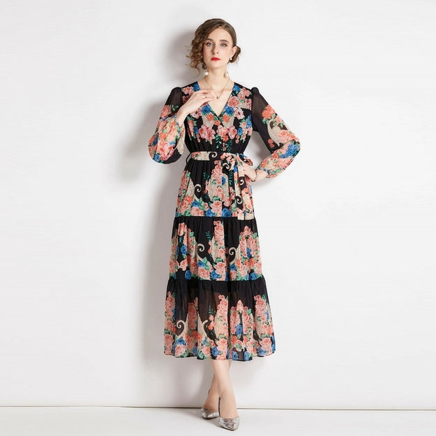 Vintage Print Lantern Sleeve Dress