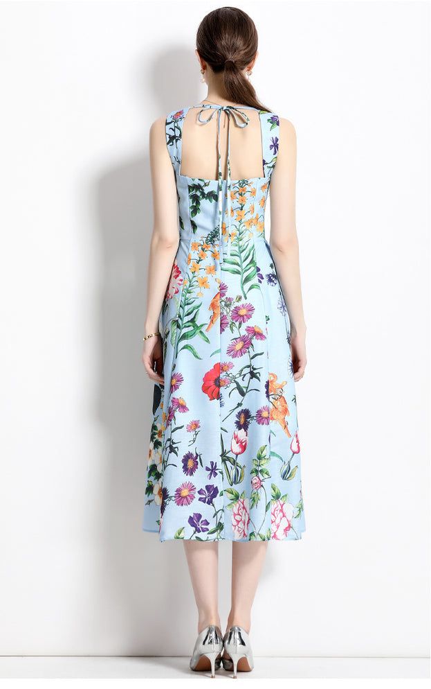 Vintage Print Sleeveless High-Waisted Dress with Slim Waist and Full Skirt