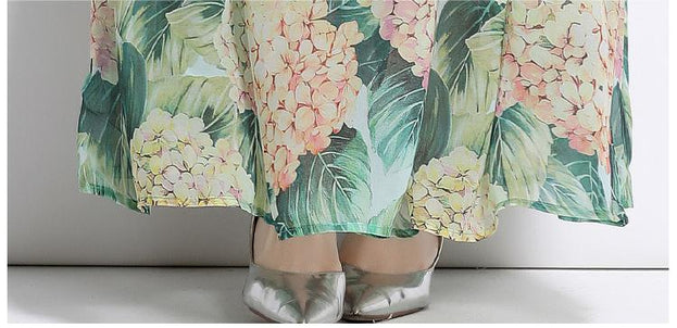 Temperament Chiffon Print Long-Sleeved Slim Long Skirt Green Crew Neck Dress