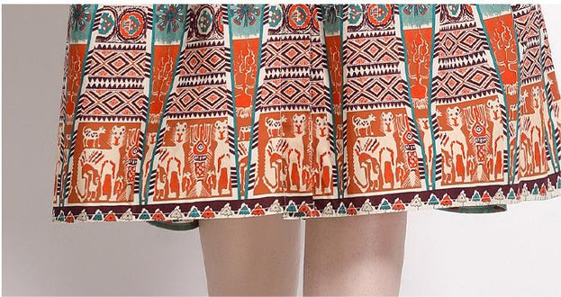Vintage Printed Single Breasted Lace-Up Waist A-Line Skirt Short Sleeved Dress