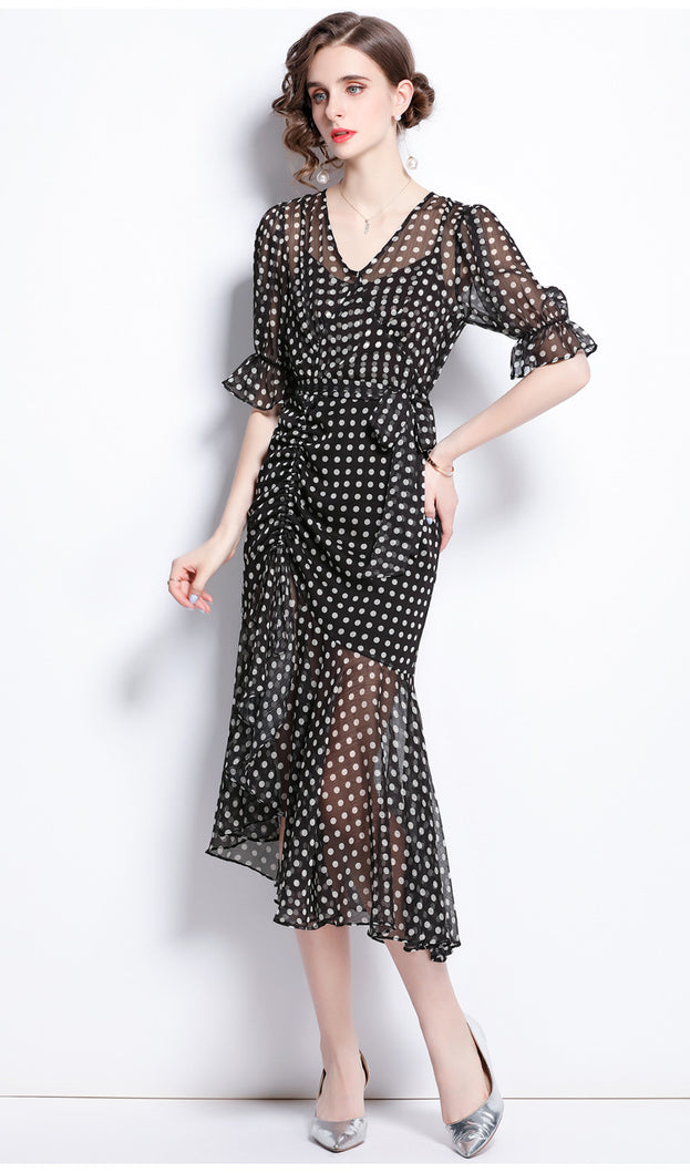 V-neck Lantern Sleeve Irregular Hem Polka Dot Dress