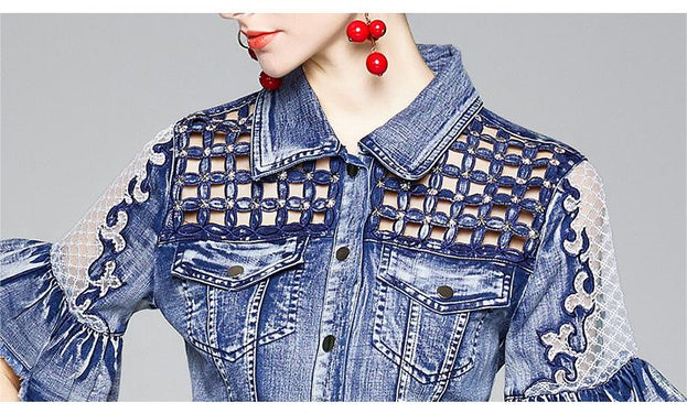 Hollowed Out Mesh Denim Stitching Slim Flared Sleeve Short Sleeve Mid-Length Dress