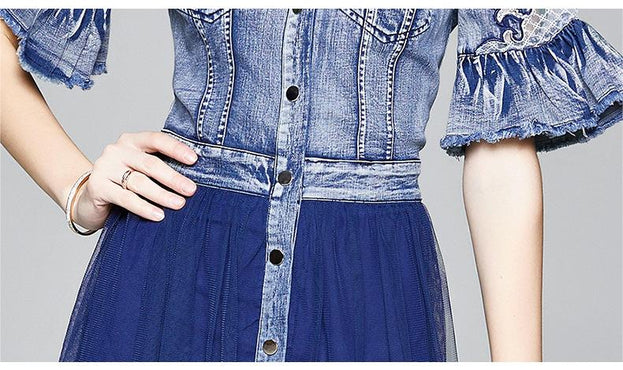 Hollowed Out Mesh Denim Stitching Slim Flared Sleeve Short Sleeve Mid-Length Dress