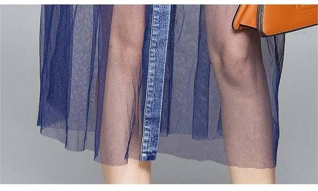 Hollowed Out Mesh Denim Stitching Slim Flared Sleeve Short Sleeve Mid-Length Dress