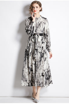 Temperament Fashion Vintage Print Long-Sleeved Dress Slim and Slimming Long Skirt