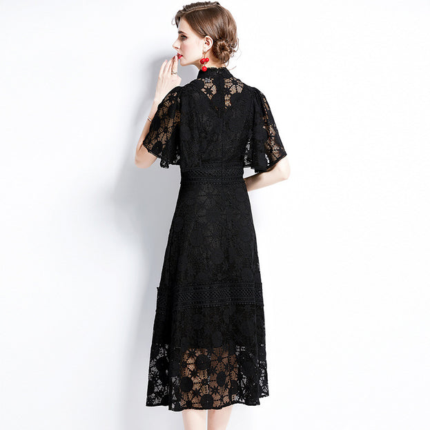 Wider Sleeve Opening High Collar Black Lace Longer Dress