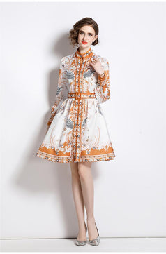 Fashion Vintage Fresh Stand-Up Collar Long-Sleeved Printed Dress
