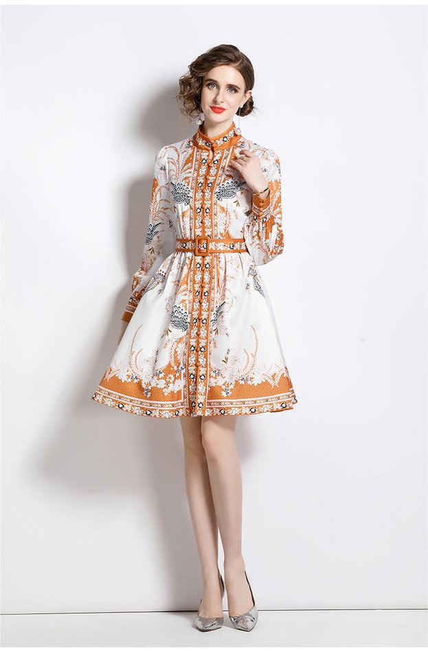 Fashion Vintage Fresh Stand-Up Collar Long-Sleeved Printed Dress