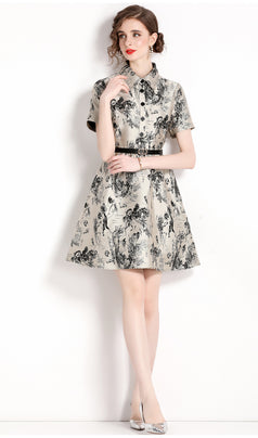 Temperament Vintage Jacquard Lapel Short Sleeve Slim Look Slim Mid-Skirt Dress