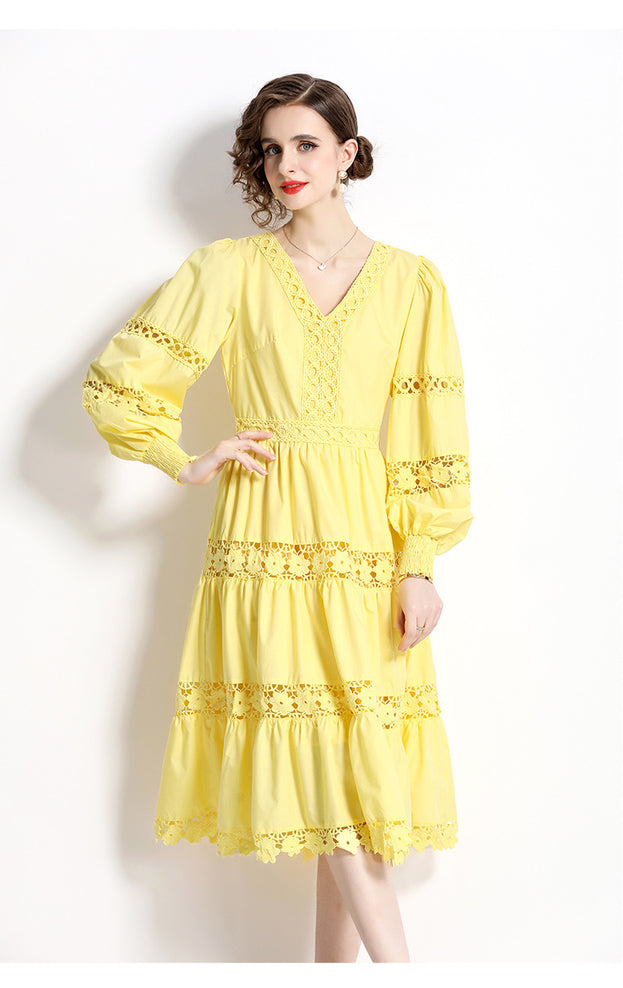 V-Neck Lantern Sleeve Temperament Water-Soluble Lace Stitching Mid-Length Dress