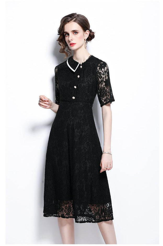 Button Down Short Sleeve Black Lace Dress