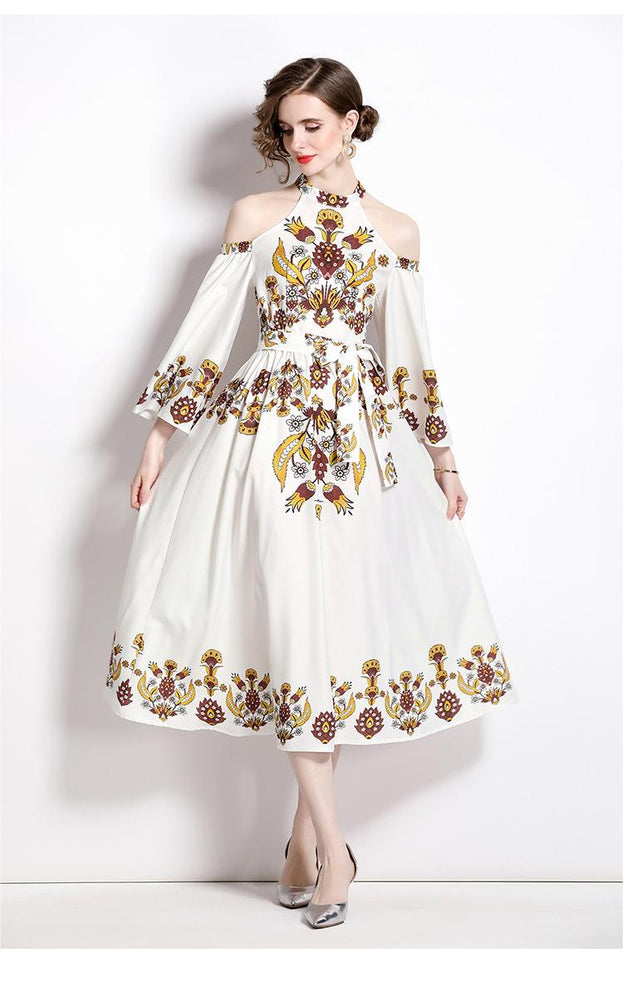 Temperament Vintage Printed Flared Sleeves Off-Shoulder Slim Maxi Dress