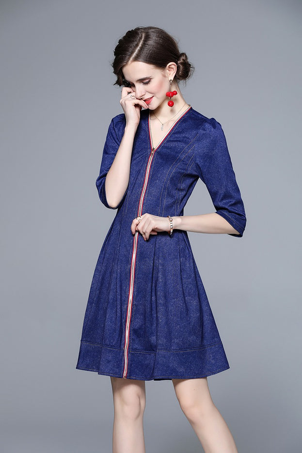 Middle Sleeve Zipper Down Denim Jacquard Dress