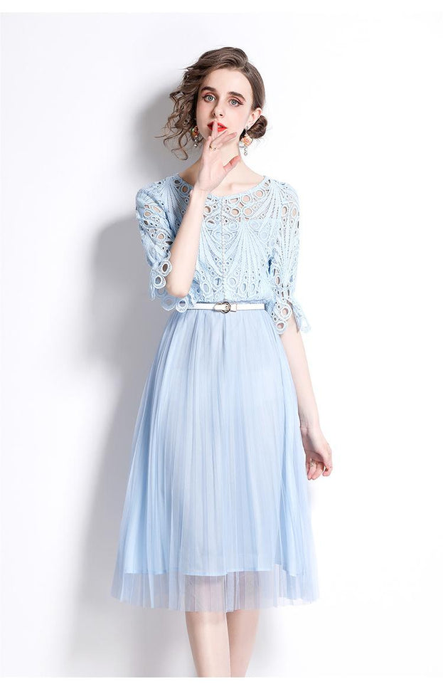 Round Collar Water-Soluble Lace Mesh Stitching MIDI Dress Fashion Temperament