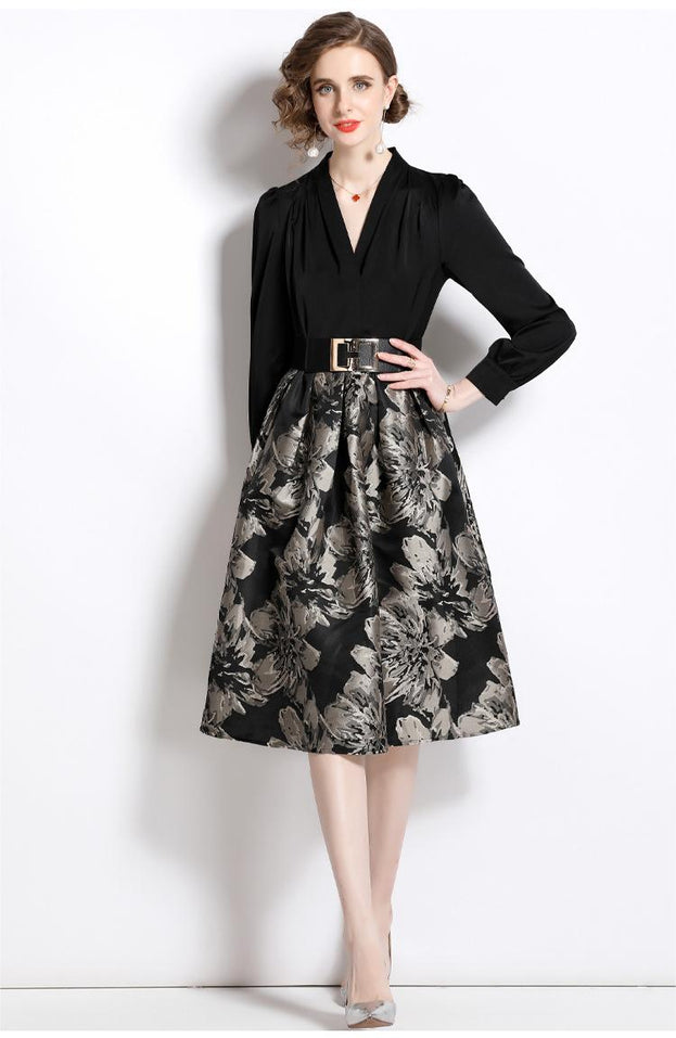 Fake Two-Piece Long Sleeve V-Neck Waist Slimming Lace-Up Jacquard A-Line Dress
