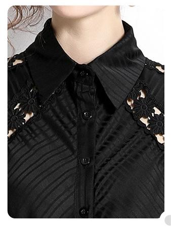 Girl Style Lapel Lantern Sleeve Single-Breasted Water-Soluble Lace Splicing Striped Long Dress