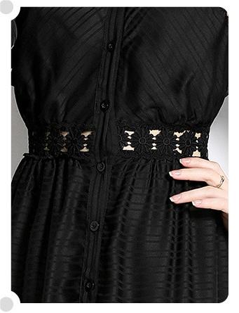 Girl Style Lapel Lantern Sleeve Single-Breasted Water-Soluble Lace Splicing Striped Long Dress