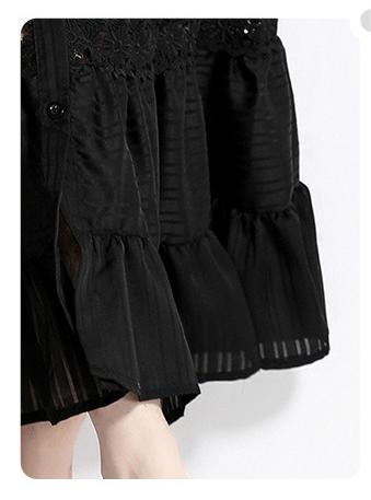 Girl Style Lapel Lantern Sleeve Single-Breasted Water-Soluble Lace Splicing Striped Long Dress