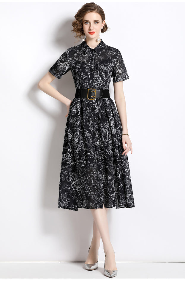 Temperament Vintage Print Short Sleeve Large Swing Slim Lapel Long Skirt Dress