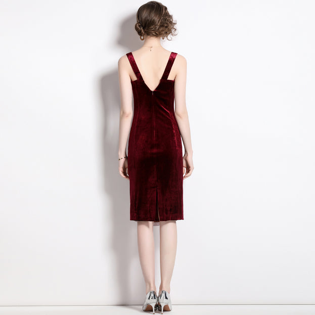 Temperament Velvet Splicing Mesh Yarn Suspender Skirt Fish Bone Pleated Slimming Dress