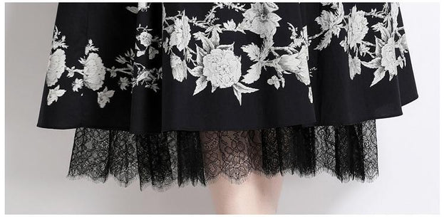 Temperament Lace Print High-Waisted Short-Sleeved Mid-Length Dress with Belt