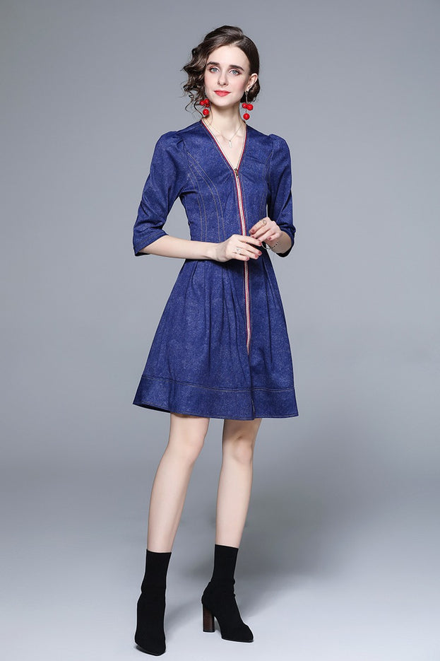 Middle Sleeve Zipper Down Denim Jacquard Dress