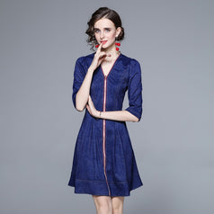 Middle Sleeve Zipper Down Denim Jacquard Dress