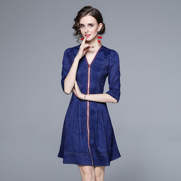 Middle Sleeve Zipper Down Denim Jacquard Dress