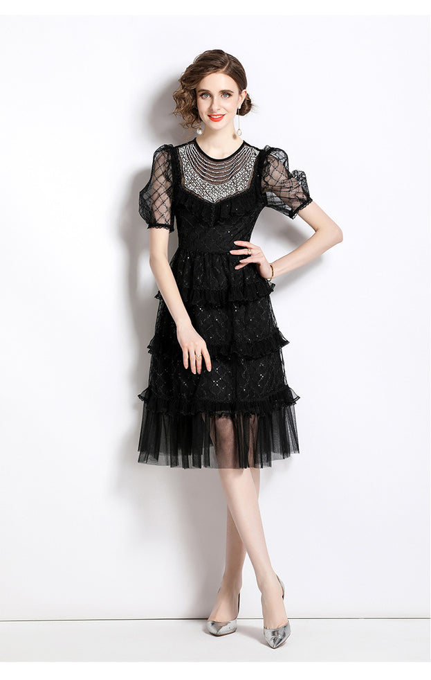 Temperament Fashion Gauze Beaded Piece Embroidered Bubble Sleeve Lace Cake Skirt Dress