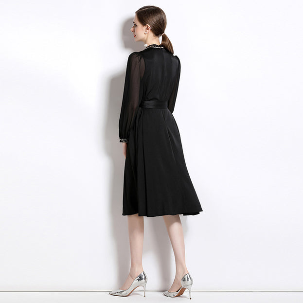 Embroidered Small Stand Collar Bubble Sleeve MIDI Skirt Temperament Waist Slimming Large Swing Dress