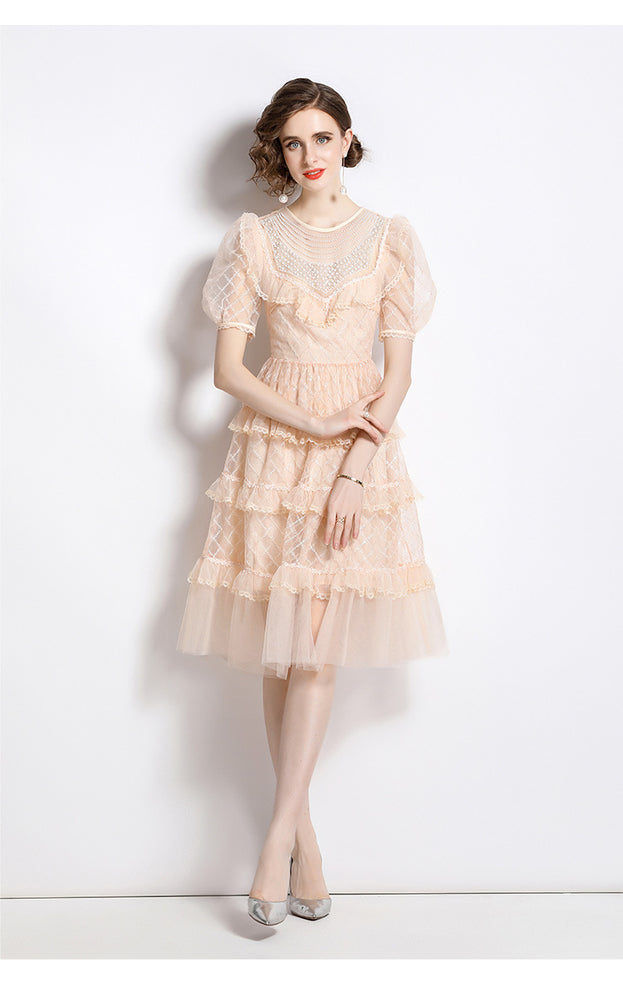 Temperament Fashion Gauze Beaded Piece Embroidered Bubble Sleeve Lace Cake Skirt Dress