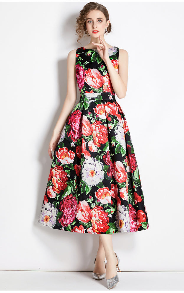 Vintage Print Sleeveless High-Waisted Dress