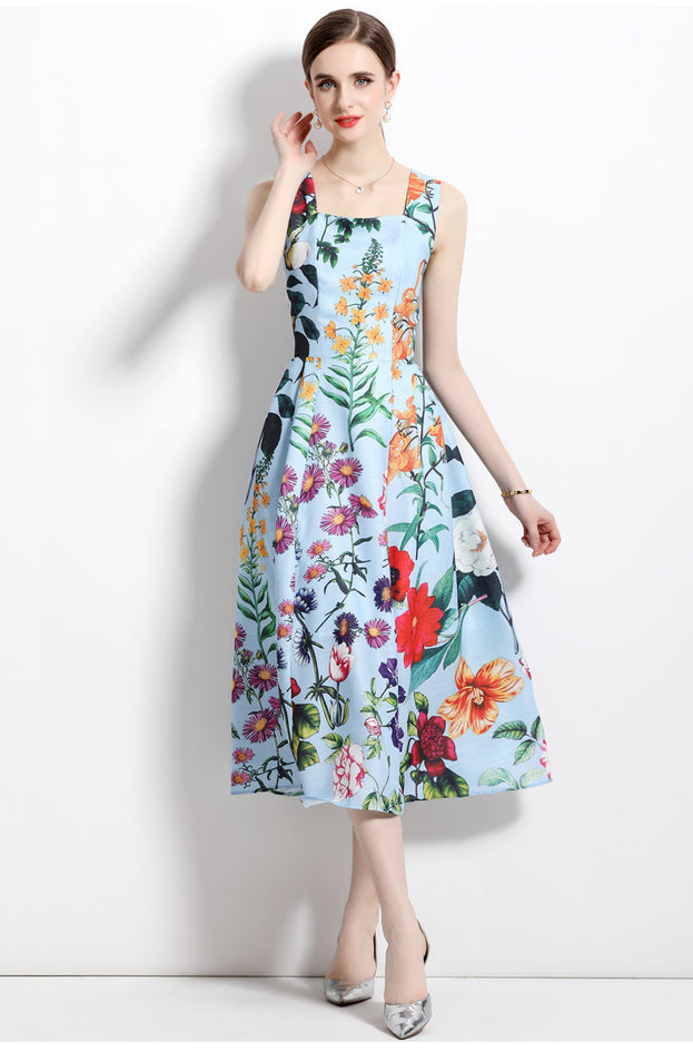 Vintage Print Sleeveless High-Waisted Dress with Slim Waist and Full Skirt