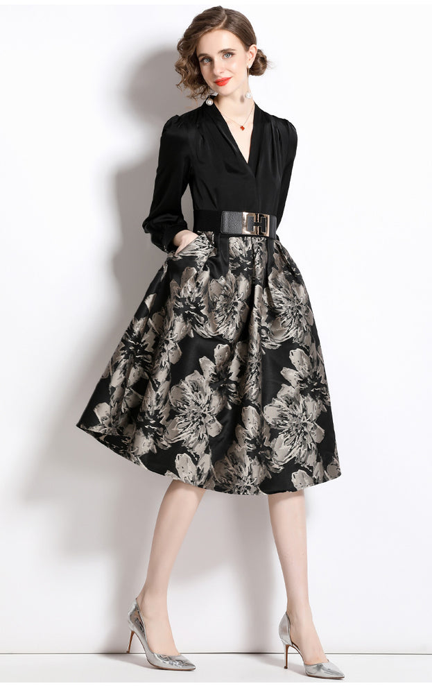 Fake Two-Piece Long Sleeve V-Neck Waist Slimming Lace-Up Jacquard A-Line Dress