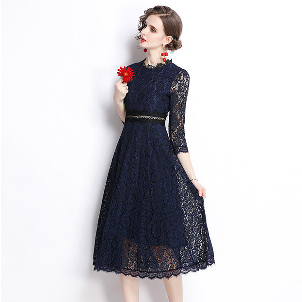 New Women's Temperament Lace Embroidery Slimming Mid-Length A-Line Skirt Dress