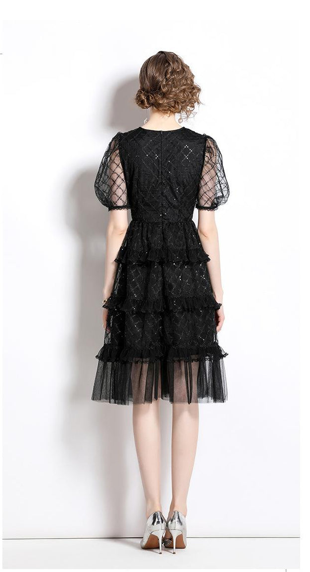 Temperament Fashion Gauze Beaded Piece Embroidered Bubble Sleeve Lace Cake Skirt Dress