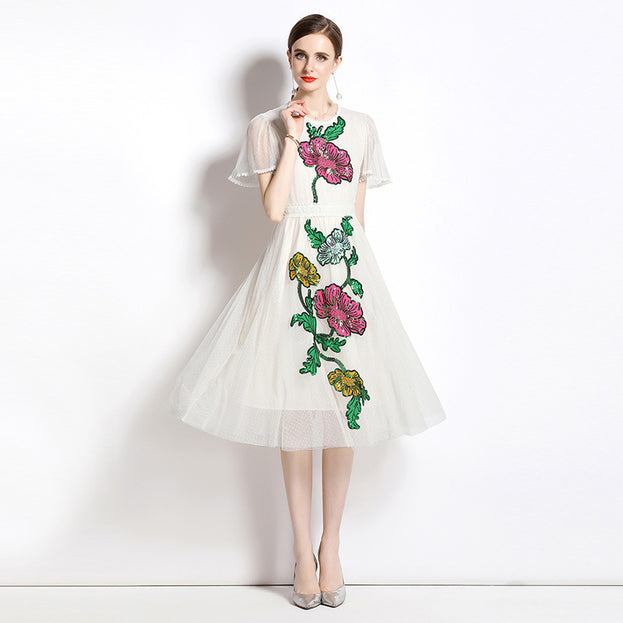 Temperament Round Neck Ruffled Edge Short-Sleeved Sequin Mesh Embroidery Mid-Length Dress