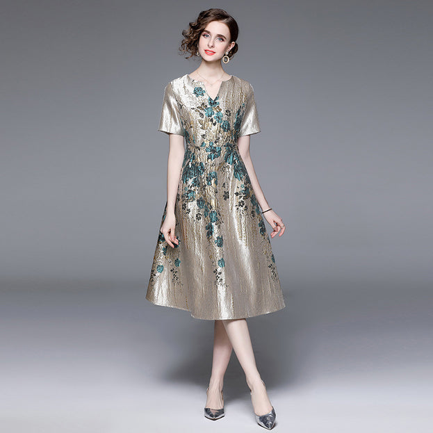 High Waist Big Swing Temperament Jacquard V-Neck Short Sleeve Slim Mid-Length Dress