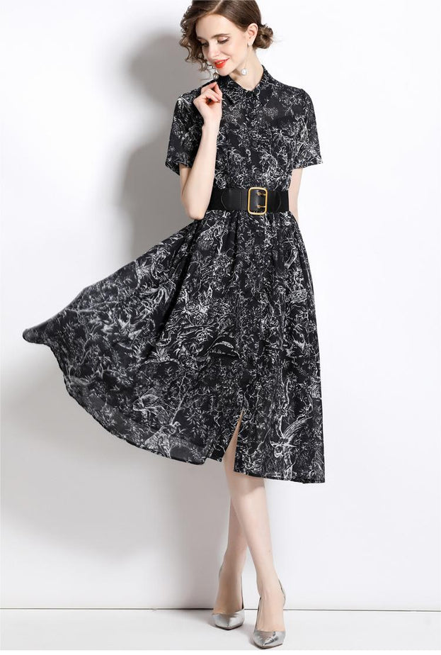 Temperament Vintage Print Short Sleeve Large Swing Slim Lapel Long Skirt Dress