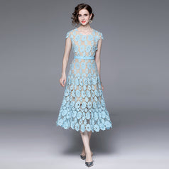 Hollow Oout Water-Soluble Flower Embroidery Round Neck Short Sleeve Solid Color Elegant Long Skirt Dress