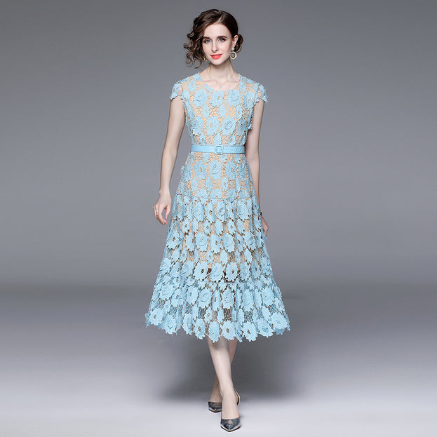 Hollow Oout Water-Soluble Flower Embroidery Round Neck Short Sleeve Solid Color Elegant Long Skirt Dress
