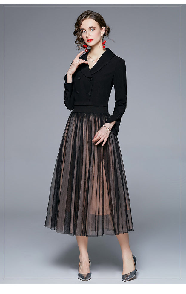 Long Sleeve Small Suit and Mesh Gauze Skirt Two-Piece Suit