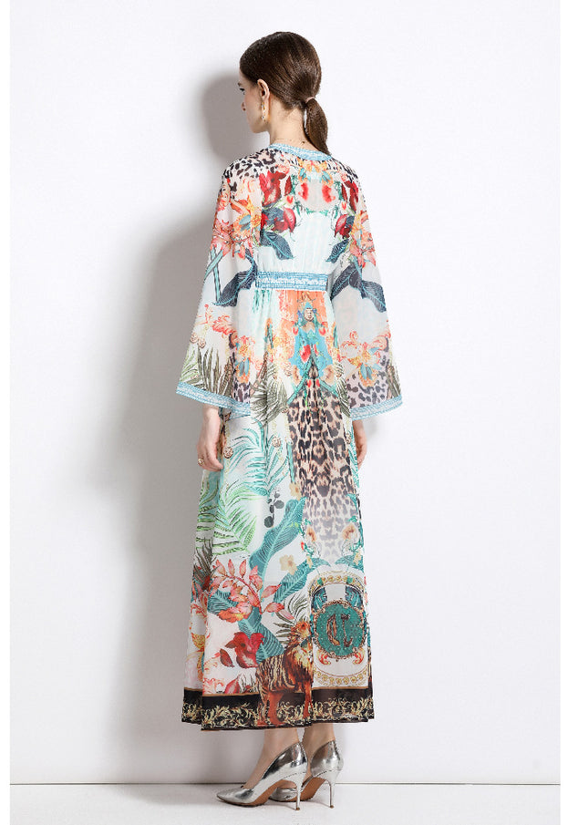 V-Neck Long-Sleeved Chiffon Fashion Resort Style Retro Full-Length Skirt Dress