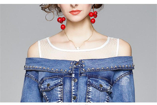 Temperament Off-Shoulder Short Sleeve Denim Patchwork Gauze Skirt Slim Irregular Mid-Skirt Dress