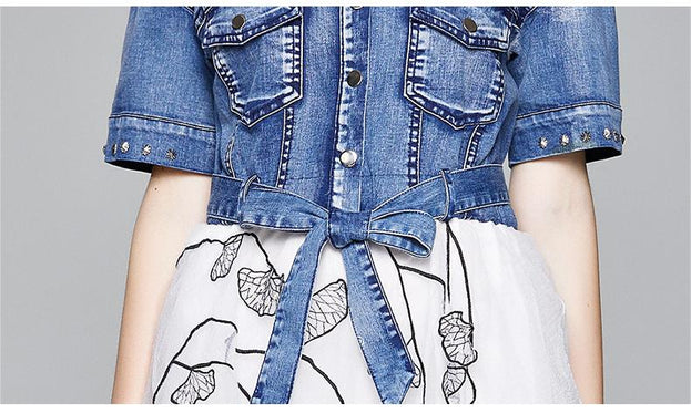 Temperament Off-Shoulder Short Sleeve Denim Patchwork Gauze Skirt Slim Irregular Mid-Skirt Dress